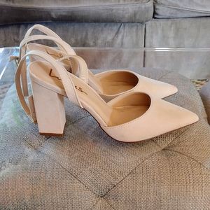 Lulu's Nude Block Heel with Ankle Strap & Pointed Toe